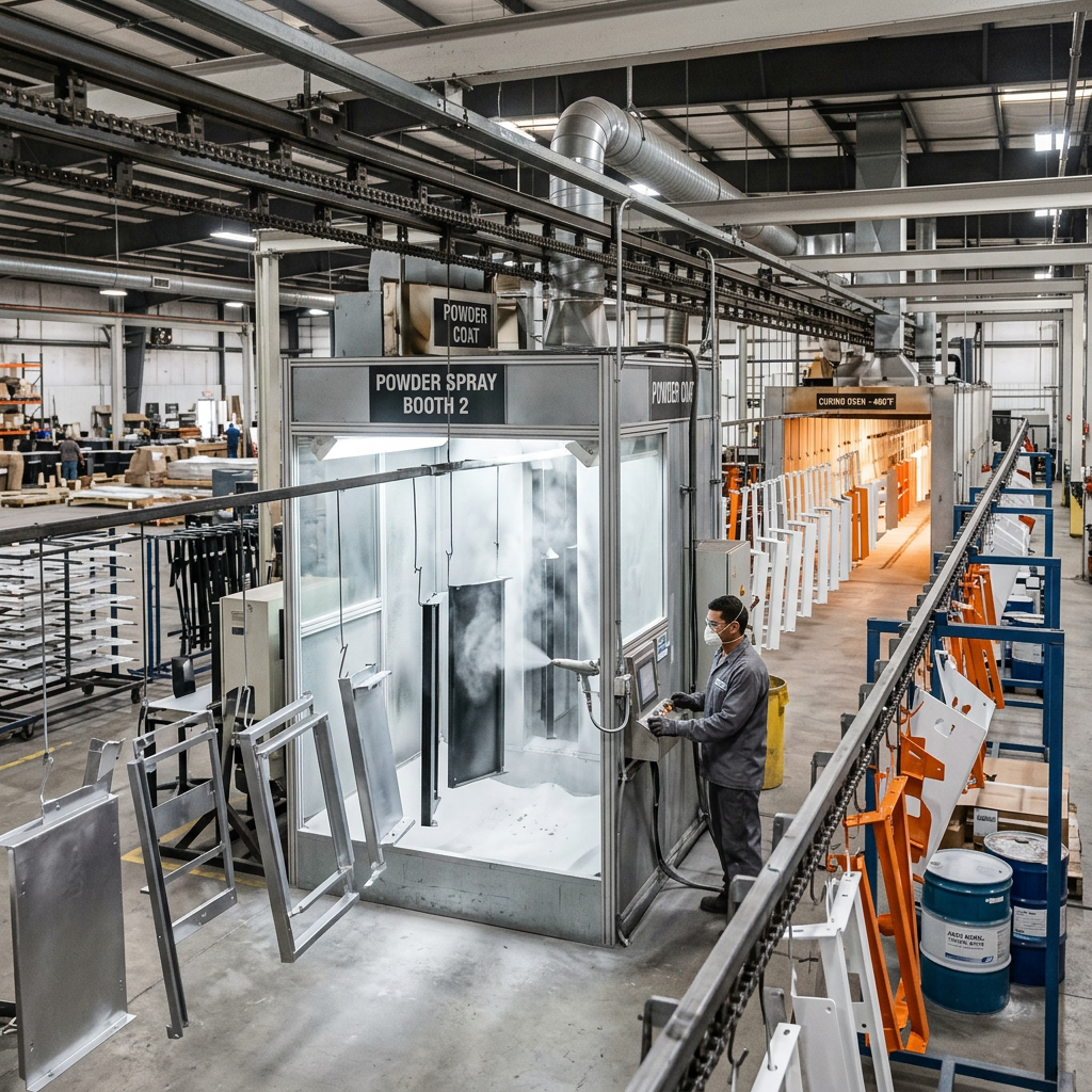 Worker operating a powder spray booth beside hanging metal parts